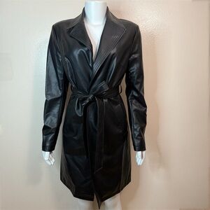 Black faux leather lapel collar belted open front trench coat